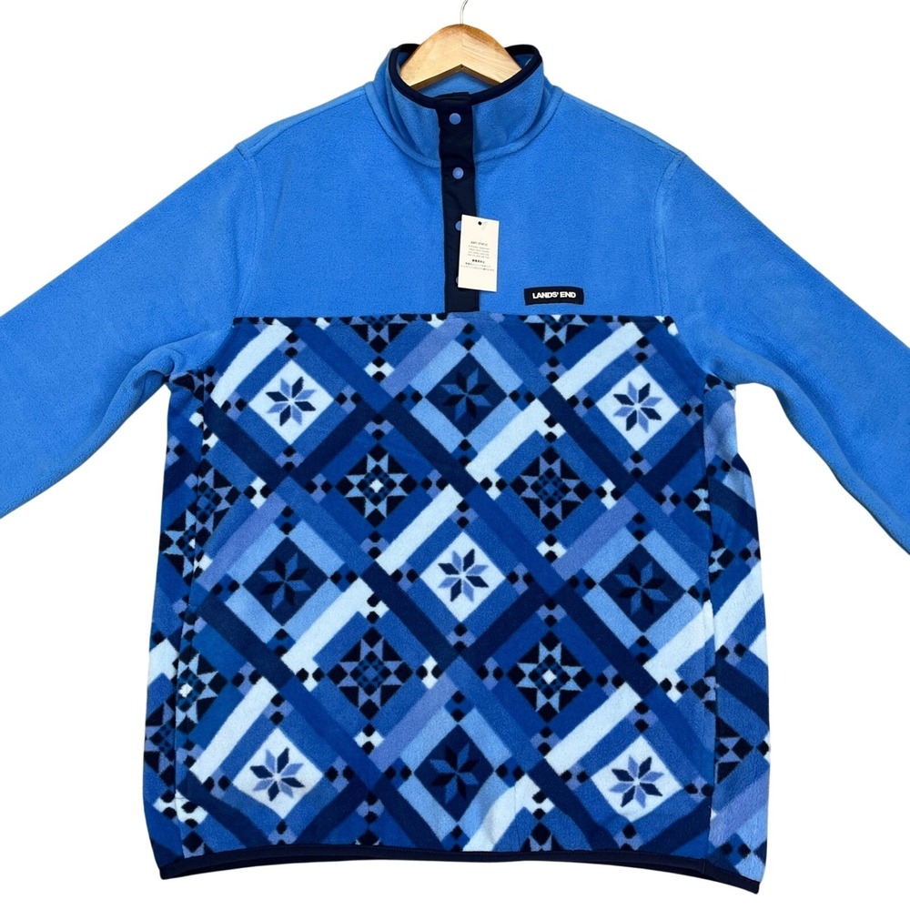Lands End Heritage Pullover Womens 6-8 Blue Long Sleeve Fleece Snap Neck NEW